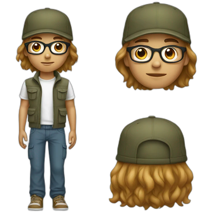 smooth hair,young boy with long hair and cap and Cargo pants and have glasses emoji