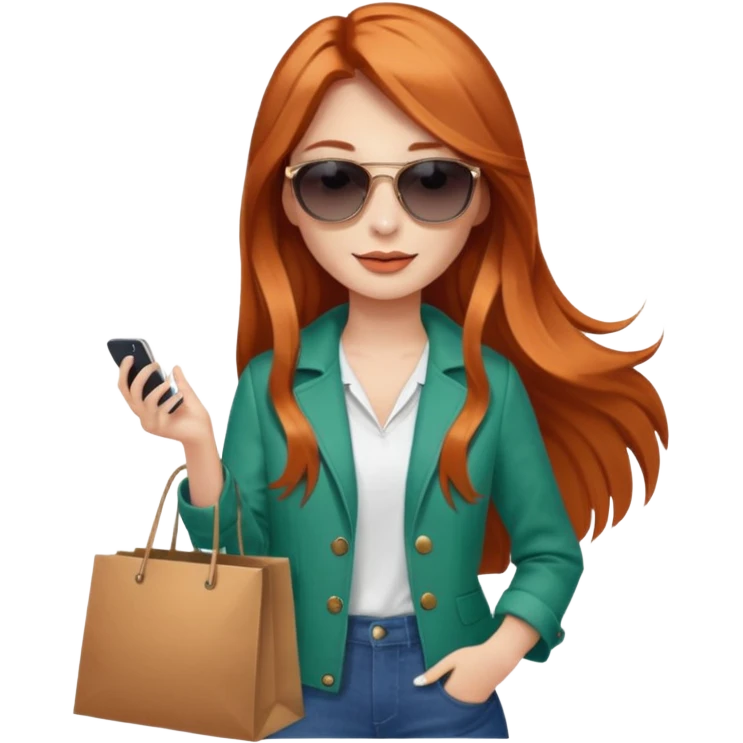 Mujer joven con cabello largo cobrizo gafas de sol vestida a la moda con bolsas de compras emoji