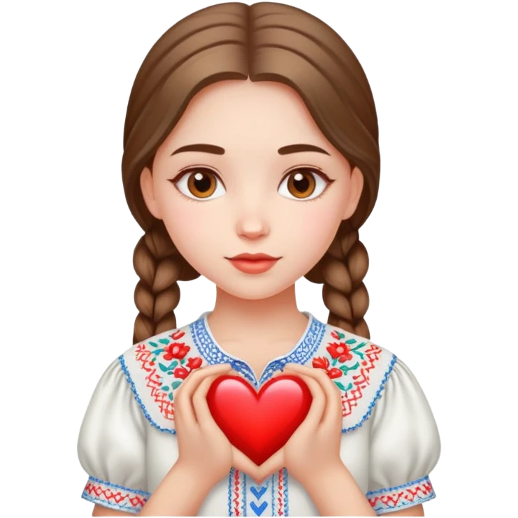beautiful young girl wearing a white Ukrainian embroidered shirt with a big heart emoji