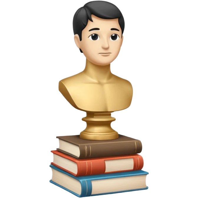 Minimalistic flat vector icon, iOS style, thin black contour on white background. Bust statue on a small pedestal next to a stack of books, symbolizing classic literature. Clean, no text, no shadows emoji