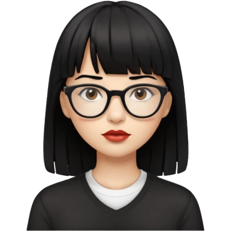 uma mulher snapchat icon, cor da pele normal, cabelo preto liso solto com franja, óculos pretos, piercing na boca e nariz, olhos castanhos, camisa branca emoji