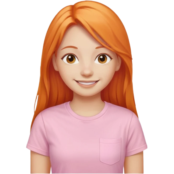 The girl with long orange hair is very happy. Make the girl similar with the reference picture. Change her sweat. Make it pastel pink t-shirt. emoji