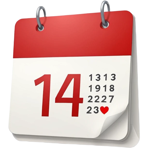 red and white calendar with the number "14" in a heart emoji