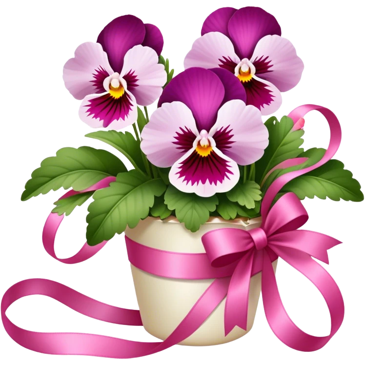Delicate Orchid Pink pansies rest in a gentle arrangement, wrapped in a luxurious Wild Strawberry ribbon. The combination of soft florals and deep crimson elegance evokes timeless beauty." emoji