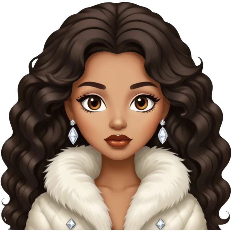 light brown skin tone, very beautiful woman, with big plump lips, long long lashes, black wavy long hair, brown eyes, white fur jacket, diamond earrings emoji
