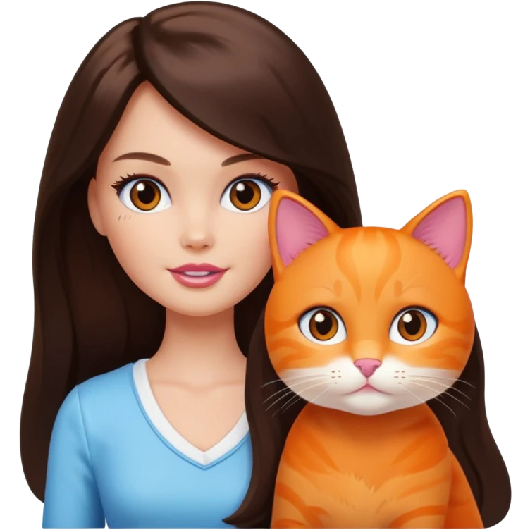 White Barbie girl dark brown long hair with British orange kitty emoji