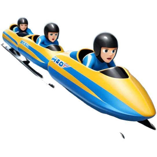 An icon featuring a sleek bobsled with athletes racing down an icy track at high speed, helmets on and bodies aligned for aerodynamics. The scene is set in a stunning snowy mountain valley with pine trees, spectators, and crisp blue sky. Transparent background captures the thrill of bobsleigh. emoji