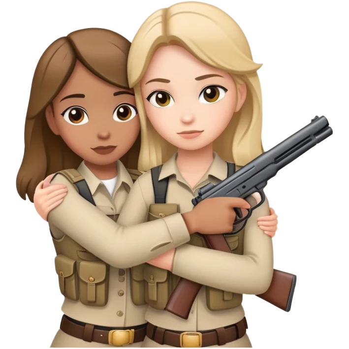 two hugging girls both carrying firearms emoji