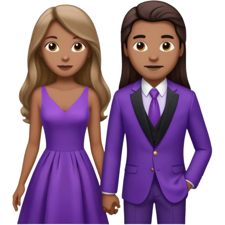 A couple in same outfit female with long hair and purple dress emoji