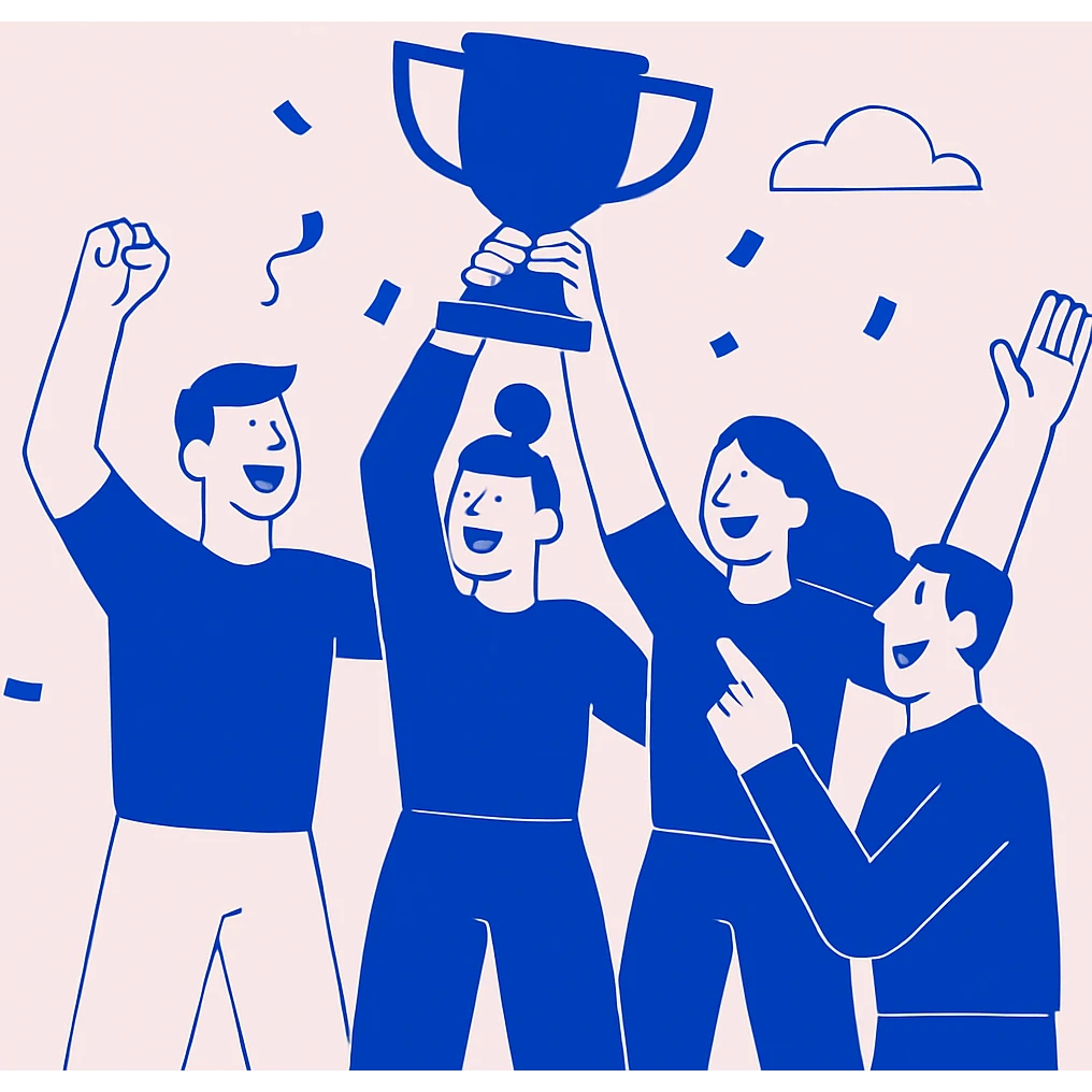 winning team holding a trophy, simple blue illustration, minimalist with bold flat blue colors and clean lines emoji