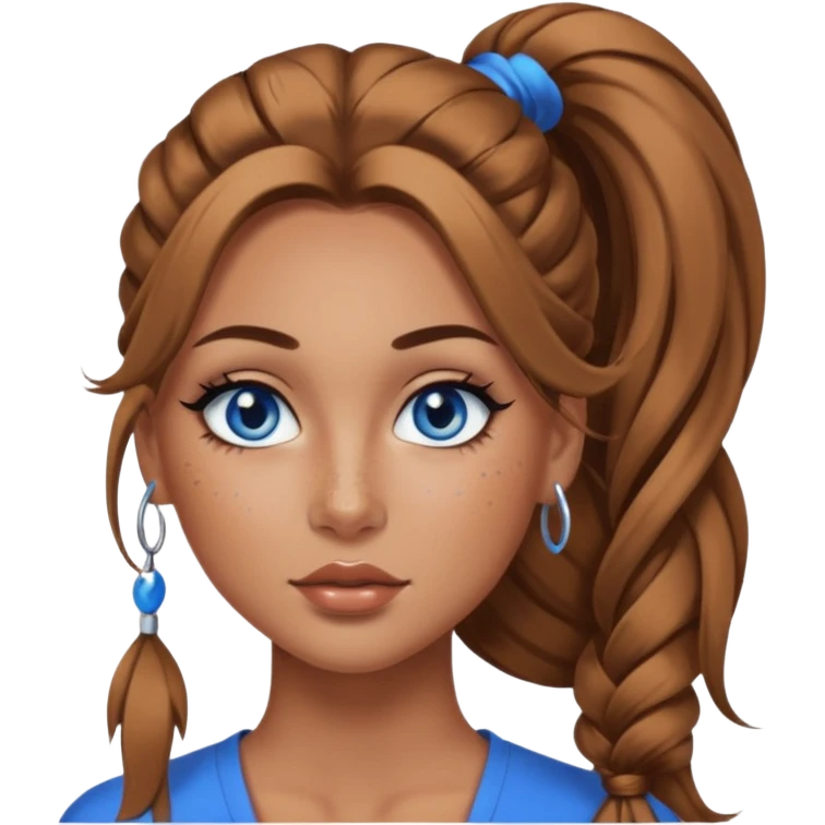 Attractive Woman with tan skin, baddie style, blue eyes, wide face, freckles, and a long voluminous ponytail and dark eye makeup emoji