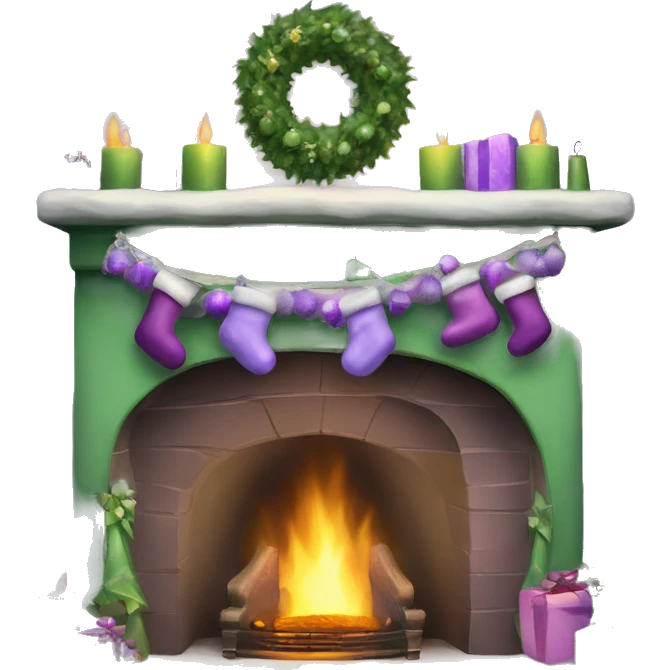 Realistic decorated green and lilac Christmas fireplace emoji