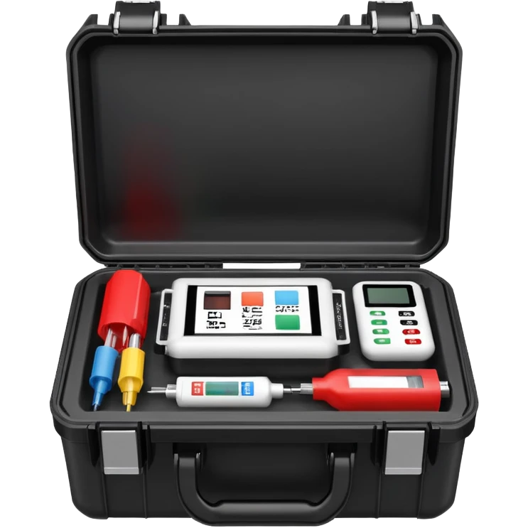 An open black hard-shell test case. inside: technical control handy, a power outlet, USB port, and colored test sockets. A large roll of white test labels with qrcode lies next to the equipment, along with one red test probe. emoji