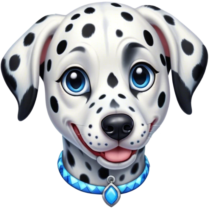 Cinematic Comical Harlequin Dalmatian Portrait Emoji, Head tilted dramatically with an exaggeratedly shocked or amused expression, featuring a striking Fur of predominantly white with vivid black patches, wide, expressive blue eyes filled with playful disbelief, Simplified yet hilariously expressive features, highly detailed, glowing with a slightly sassy glow, high shine, dramatic yet playful, stylized with an air of cheeky charm, bright and endearing, soft glowing outline, capturing the essence of a spirited and over-the-top guardian, so meme-worthy it feels like it could side-eye its way into internet fame instantly! emoji