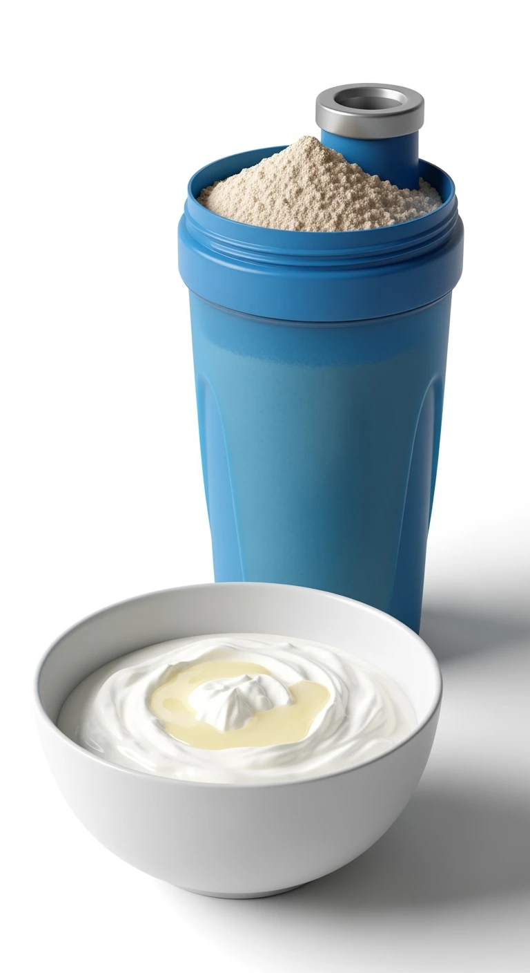 SHAKER PROTEICO E BOWL DI YOGURT GRECO, iperrealistico 4k, ISOLATA SU SFONDO BIANCO emoji