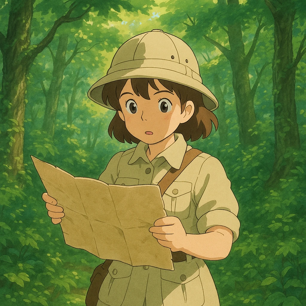 Ghibli-style explorer girl looking at a map in a lush forest emoji