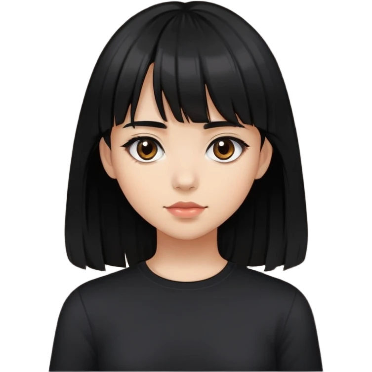 Make ai emoji of a girl with shoulder-length black hair, bangs, and very dark brown eyes. I want her wearing a black shirt. emoji