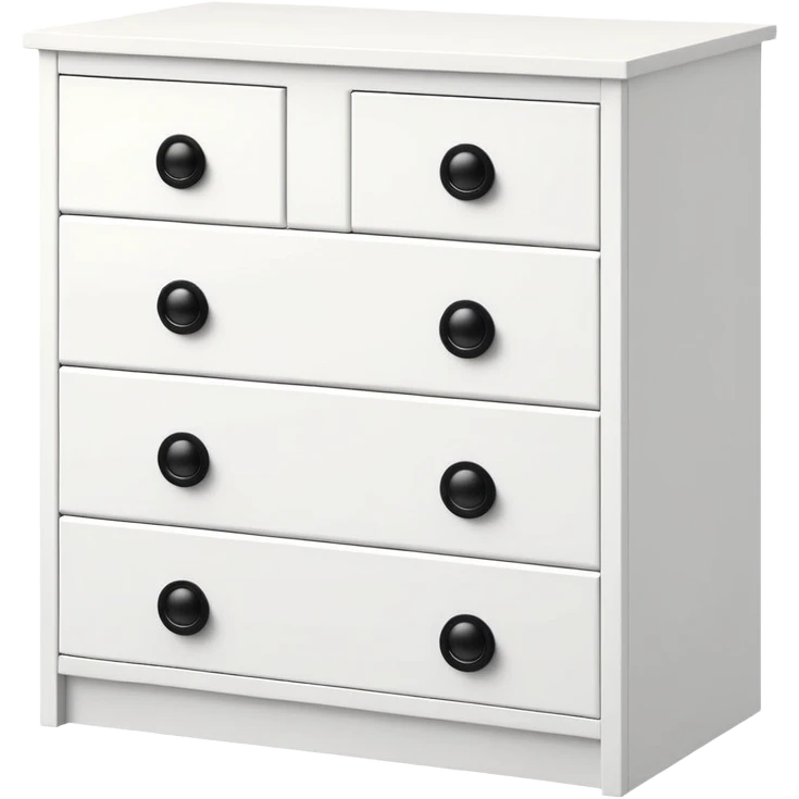 Clean white IKEA chest with 6 drawers, each featuring one small black knob emoji