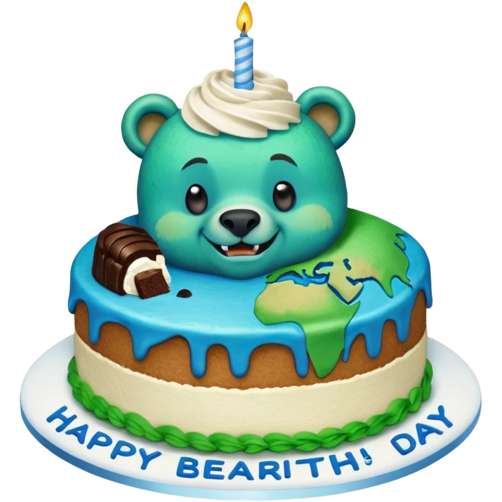 Earth eating a cake that says, “happy bearth day!” emoji