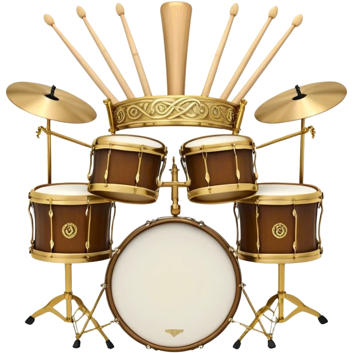 Create a complex, festive, and professional emblem-like emoji representing percussion instruments. The design should resemble a heraldic crest, featuring iconic drums and percussion such as a snare drum, bass drum, timpani, cymbals, marimba, and tambourine, arranged in a balanced and symmetrical composition. Drumsticks should cross elegantly at the center, symbolizing rhythm and energy. A flowing ribbon of musical notes should weave dynamically around the instruments, enhancing the celebratory and grand aesthetic. Ornate elements such as laurel wreaths, swirls, or subtle engravings should emphasize the prestige and importance of percussion in music. The color palette should include rich gold, deep mahogany, and silver, with refined highlights and shading for a polished, three-dimensional effect. The overall composition should be harmoniously structured, visually complete, and suitable as a standalone emblem. The background should be transparent. emoji