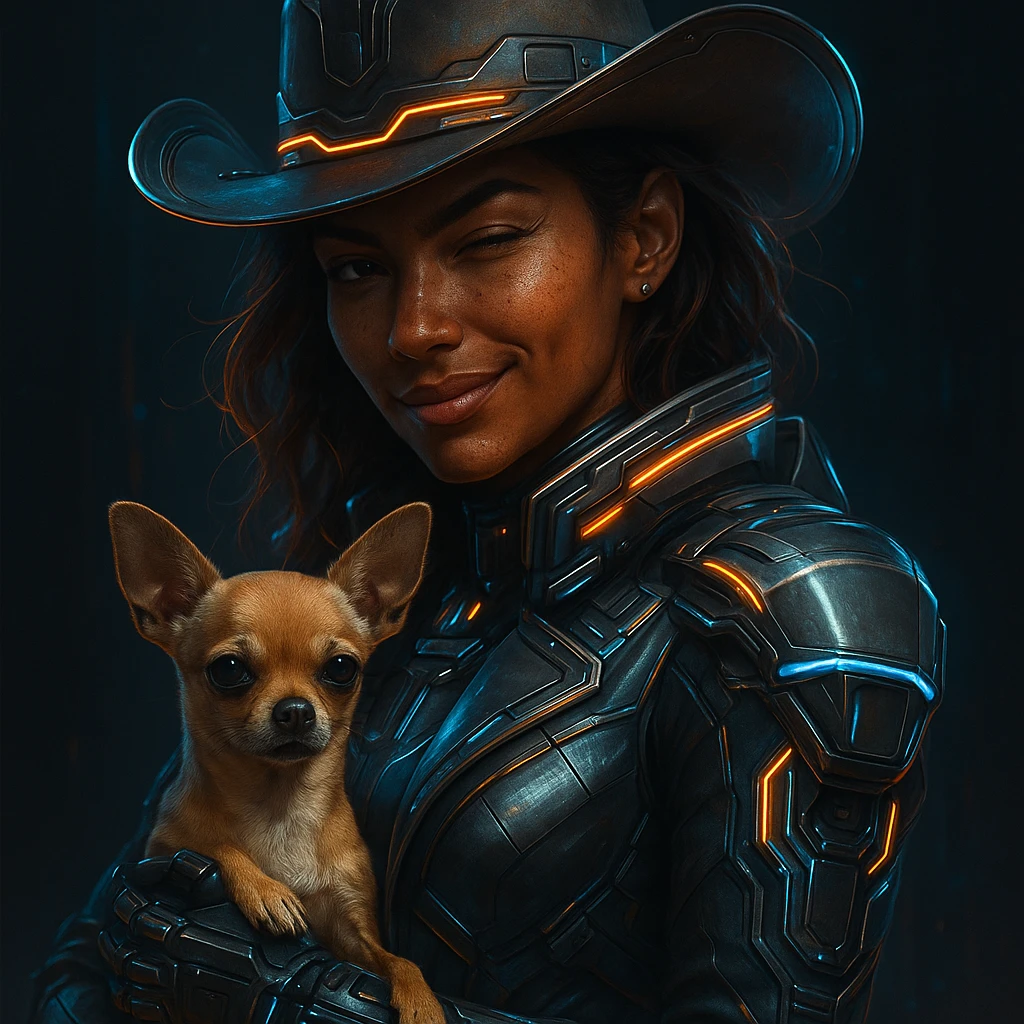 portrait of a tanned female cowboy with subtle freckles, brown hair with auburn highlights, rebellious and playful expression, futuristic style, holding a beige-brown chihuahua, dark background, high-tech elements, metallic colors and neon lights emoji