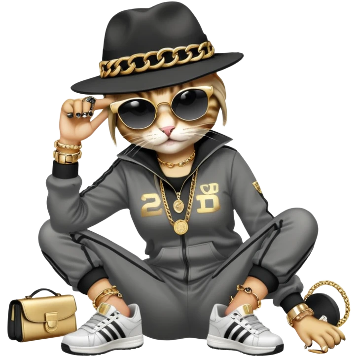 female cat dressed like Run DMC in tracksuit, fedora, Adidas shoes, dark sunglasses, lots of gold chains, rings, bracelets, earrings, lying on the ground after falling, distressed emoji