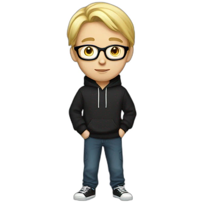 realistic thin white teenager with blond hair.  He is cross-eyed and wears black glasses.  He is also wearing a white hooded sweatshirt.  he has black eyes and a long face. emoji