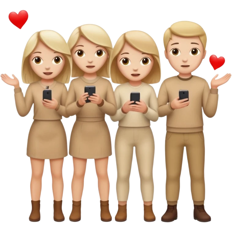 4 white girls and 2 white boys in beige clothes are playing emoji