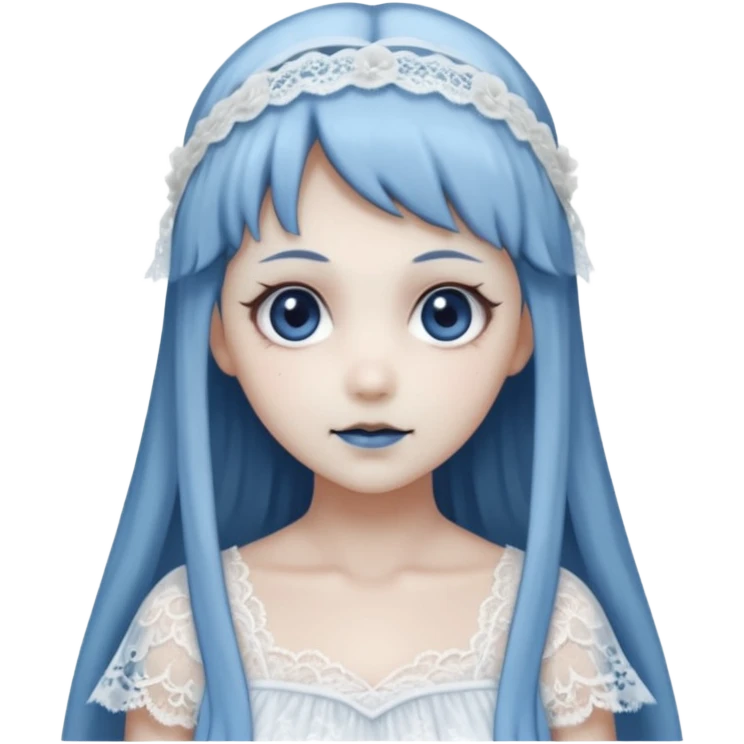 Beautiful ethereal pastel Gorgeous spectral dark greyish-blue whitish gloomy spectral Anime Poltergeist Lady  with a beautiful white silky lace dress with a silky lace head band emoji