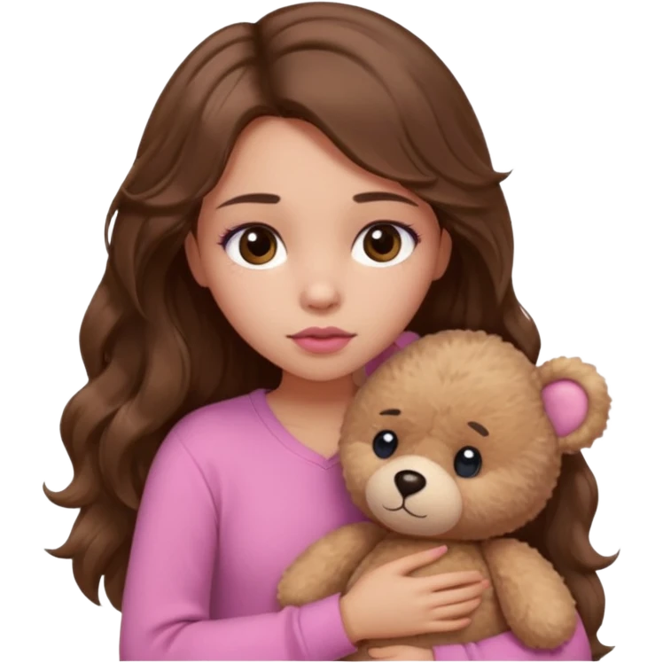 girl with long wavy brown hair, brown eyes, light to medium complexion, in a pink shirt, pink lips, long lashes, sad, hugging a teddy bear with a  heart emoji
