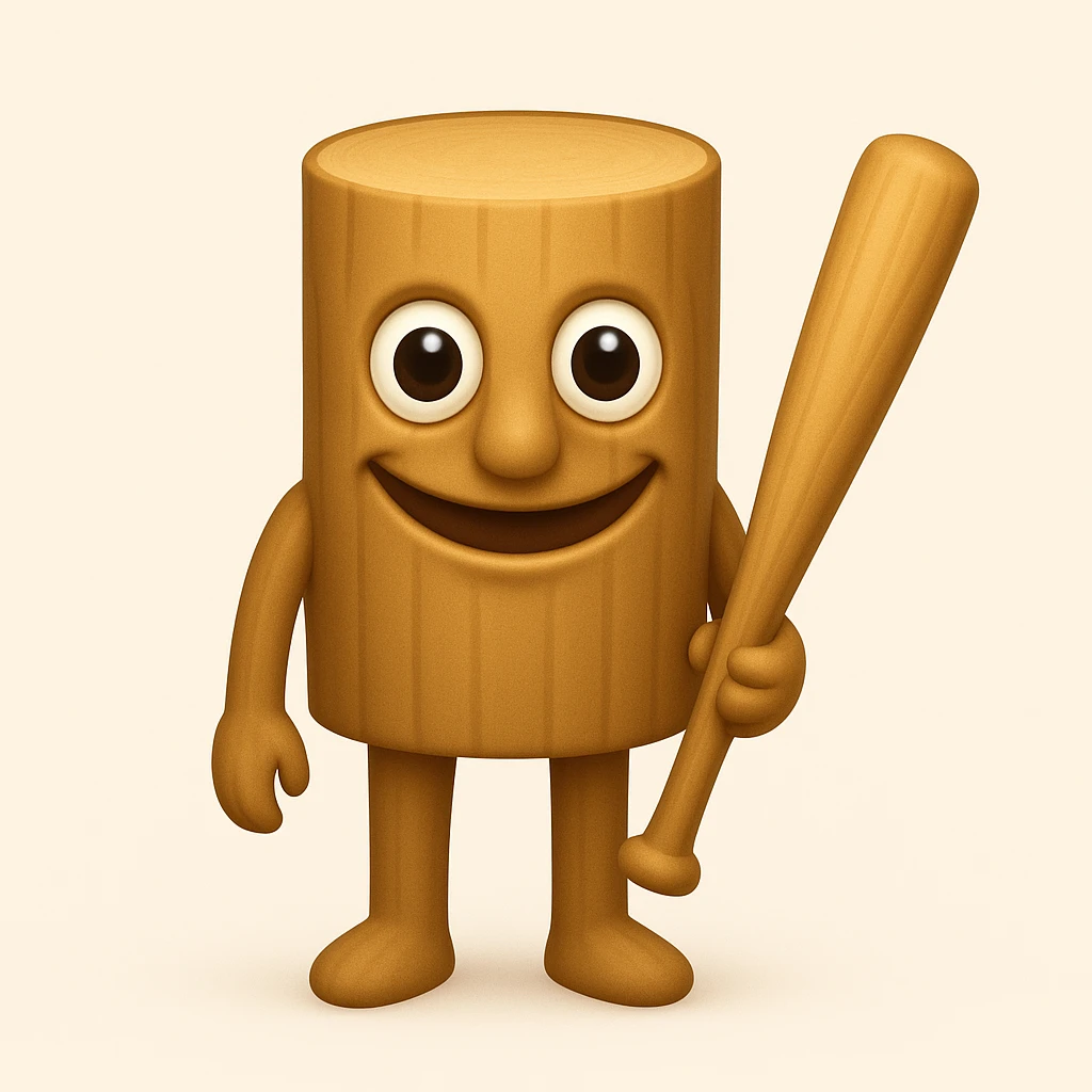 Make the character less human and more like a wooden stump, with a face that closely matches the reference image: large round eyes, wide unsettling smile, and minimal human features. Keep arms and legs, holding a baseball bat. Render in emoji style. emoji