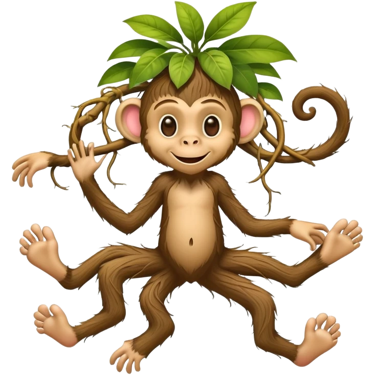 A whimsical character with human feet, tangled plant roots as legs, and a smiling monkey head emoji