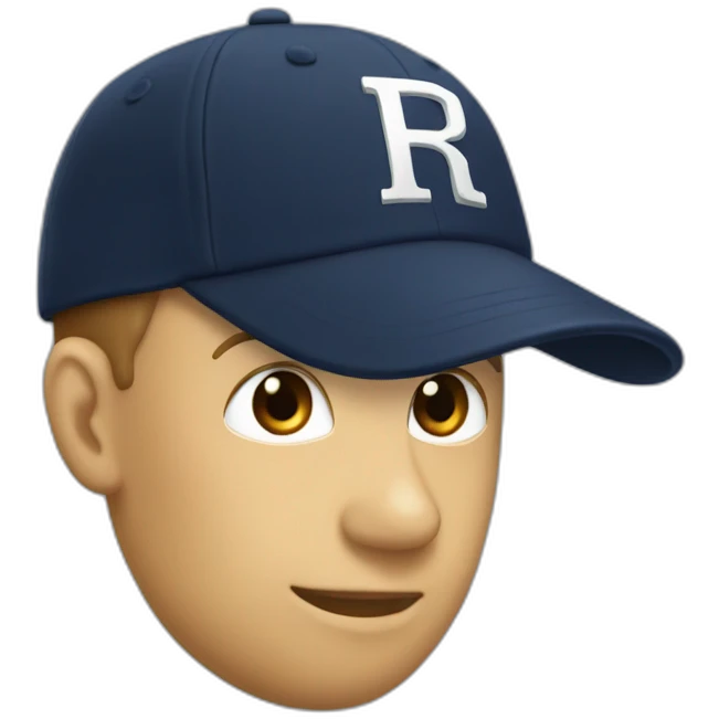 a navy baseball cap with a small white letter R on the front emoji
