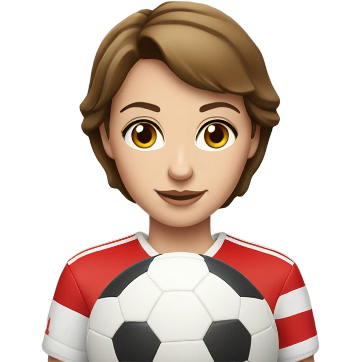 Pretty white woman with short brown hair holding a soccer ball and wearing an Arsenal jersey emoji