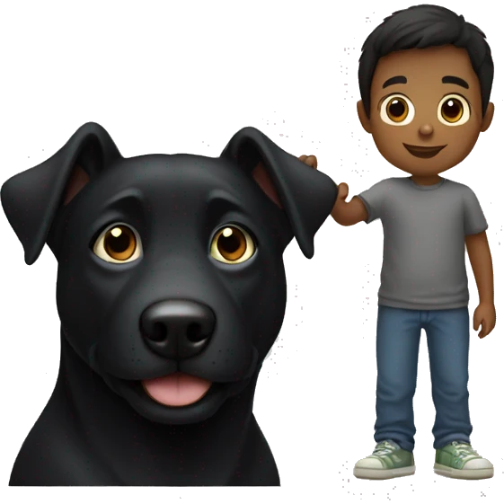 Black dog looking to the camera of a young boy emoji