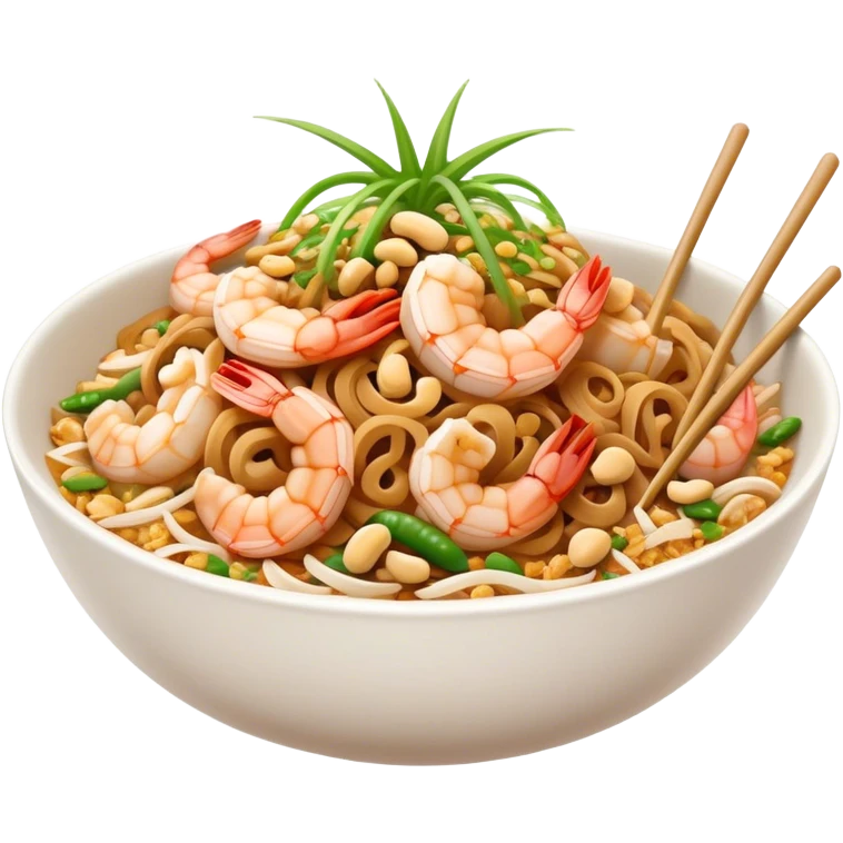 Cinematic Realistic Pad Thai Dish Emoji, depicted as stir-fried rice noodles with shrimp, tofu, peanuts, and bean sprouts rendered with vibrant textures and dynamic, appetizing lighting. emoji