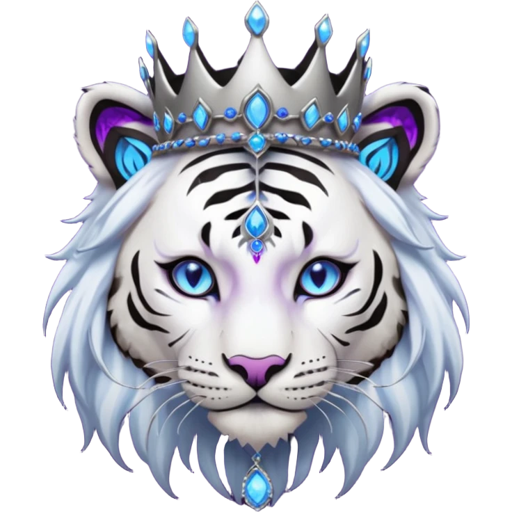 ESO Female white/black tiger khajiit leader of the umbral rose, glowing blue eyes, glowing blue 'third eye' gem, black beaded dreadlocks; silver crown/tiara with purple gems emoji