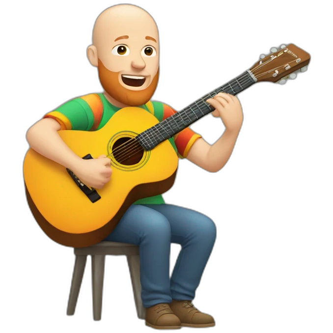 white bald guy with ginger beard playing acoustic guitar wearing a colorful t shirt emoji
