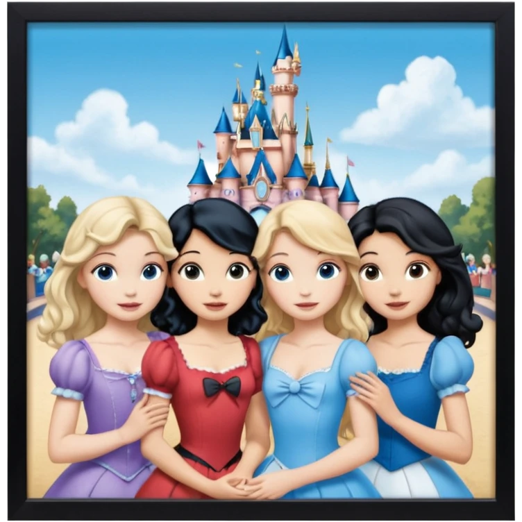 escribe el nombre Disneyland Paris y para titulo, pon a quatro chicas: una pelo corto negro, una pelo rizado largo, una pelo largo liso y la otra pelo ondulado mediano, esta con el ojos azules. Haz un cuadrado rectangular grande y por los lados pon a las chicas que te he descrito emoji