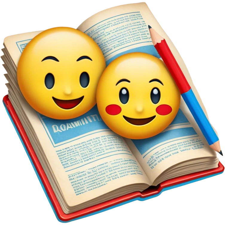 Create a vibrant emoji, representing comic books and graphic novels as an art form. The design should feature a large, opened comic book with vintage comic panels on the pages. Include a pencil (without a hand), writing text or sketching on the pages. The comic panels should have bold lines and retro-style artwork with classic comic book visuals. Use bright, energetic colors like red, yellow, and blue to evoke excitement and creativity. The overall design should feel dynamic, vintage, and artistic. Make the background transparent. emoji