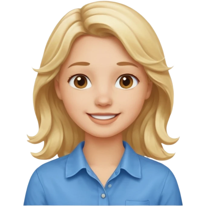 Happy blond girl with light weavy hair with a blue shirt but we can see only her face and neck and the top of the t shirt, no whole body emoji