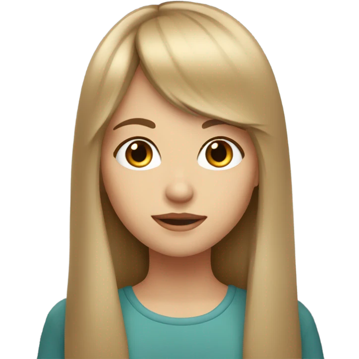 White girl, long hair, light brown hair, bangs, brown eyes emoji
