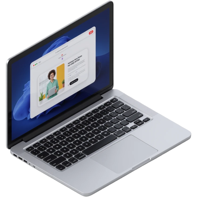 a laptop displaying online training, skeuomorphism style, realistic metallic textures, 3D effect, detailed keyboard, screen with educational content emoji