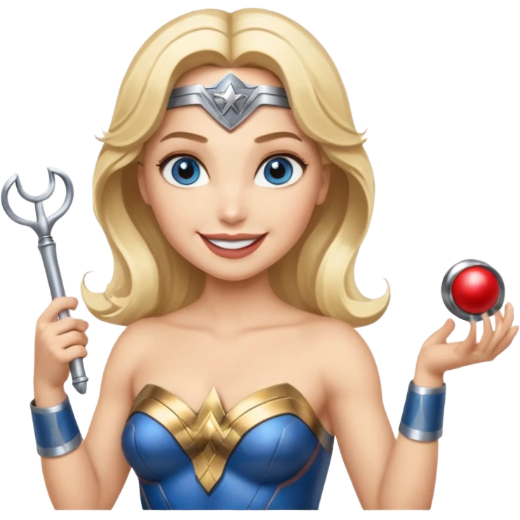 Blonde blue eyed Wonder Woman holding white orchestra conductor’s baton and bell emoji