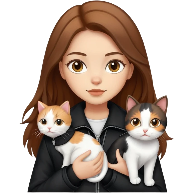 Light-skinned girl with brown hair wearing black jacket with white cat and calico cat emoji
