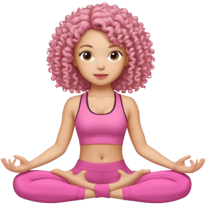 Quero uma menina de roupa de malhar rosa do cabelo cacheado sentada como tivesse fazendo yoga emoji