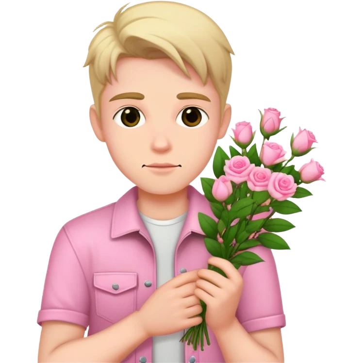 A cool bad boy with fair skin holding a bouquet of pink jasmine roses emoji