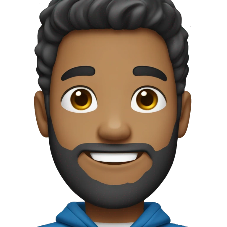 A cheerful young male digital avatar with medium skin, large brown eyes, black medium pompadour hairstyle, beard medium , a bright smile, and a mole on the left cheek, wearing a blue hoodie. emoji