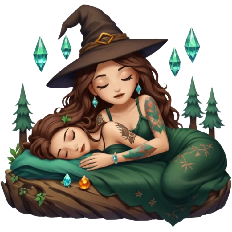 cute forest witch woman long wavy brown hair tattoos napping on crystal emoji