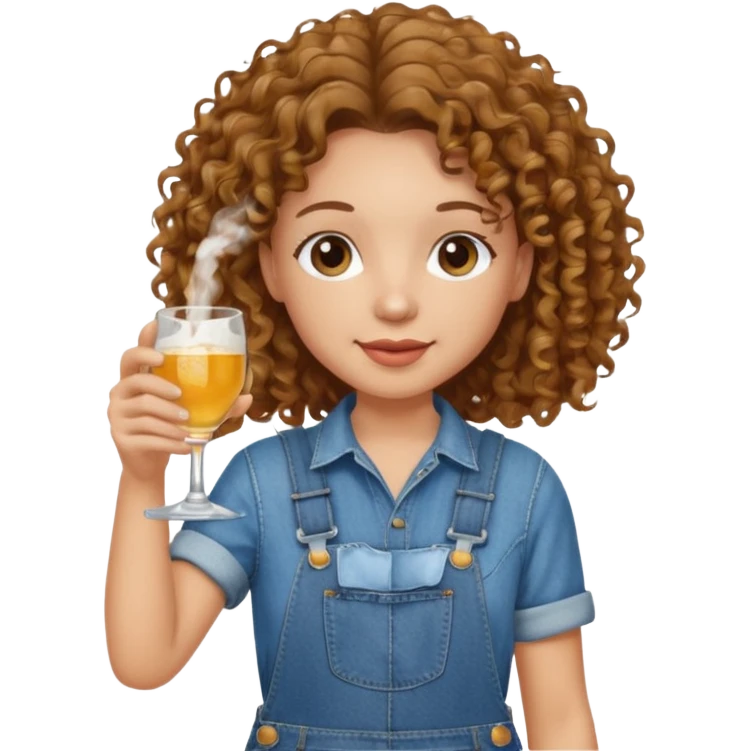 Curly haired curl with brown hair and light skin in overalls toasting with alcohol emoji